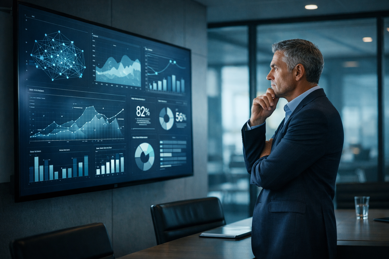 Senior executive reviewing AI analytics dashboard in a corporate boardroom